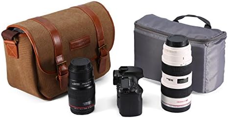 Vintage Genuine Leather and Canvas Camera Bag Messenger Bag for Canon, Nikon, Sony, Olympus, Samsung, Panasonic, Pentax Cameras (Dark Kahki)