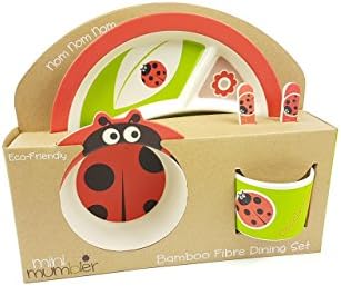 Kids Plates and Bowls Sets - Childrens Plates 5 Piece Kids Bamboo Dining Set. Kids Plate, Bowl, Cup, Cutlery (Spoon &amp; Fork) - Ladybirds Print