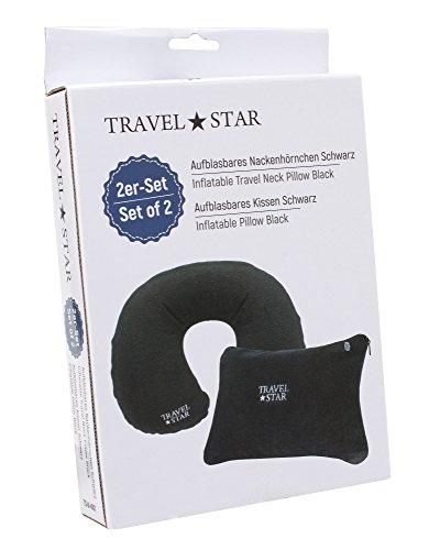 2er Set: Aufblasbares Nackenhörnchen + Kissen mit Fleece-Bezug (Schwarz) (TS-N-4001) - 7