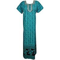 Mogul Interior Womens Caftan House Dress Teal Blue Paisley Print Embroidered Resort Wear Nightgown L
