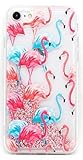 complementos iphone 7 plus Funda de Gel Tpu silicona con liquido / Agua en el interior con purpurina rosa. Funda con dibujo Patron " Flamencos Rosas y Azules ".