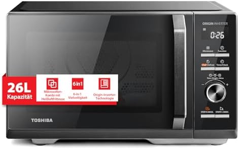 Toshiba 6-in-1 Microonde Combinato con AirFry, 26 Litri, Chef Defrost, Cottura a Vapore,10 Livelli di Potenza, Menu Automatici, Microonde 900W, Grill 1000W, Nero-MW3-AC26SFI(BK)
