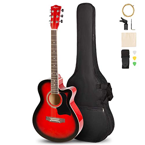 ARTALL Trousse de débutant pour guitare acoustique en coupe en bois massif faite à la main de 39 pouces avec sac de transport, accordeur, cordes, médiators, sangle, Rouge brillant