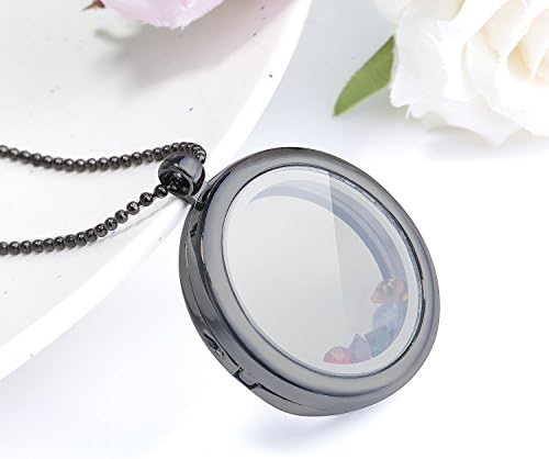 ZeWoo Floating Charm Memory Locket Necklace, Gun black Round Locket Necklace & Chain, 316 Surgical Stainless Steel, Secure Magnetic Closure For Valentine's Day Present (G-Black)