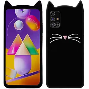 indiacase cat back cover for samsung galaxy m51 { 3d cat soft silicone girls back case cover } black - Black