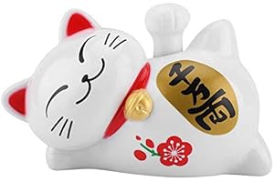 FTVOGUE Solar Powered Maneki Neko Lucky Cat Fortune Welcoming Waving Arm Paw Up Lazy Lying Wealth Fortune Cat Home Stores Car Feng Shui Decor