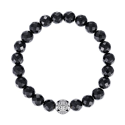 MetJakt Natural 8mm Piedras Preciosas Curación Crystal Stretch Moldeado Pulsera Brazalete con Plata de Ley 925 Doble Felicidad Colgante (Ónix Negro)