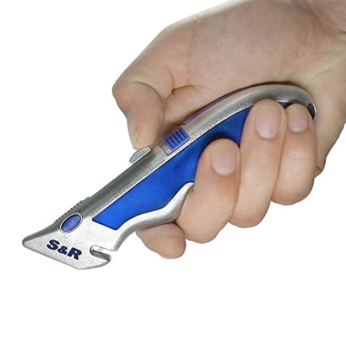 S&R Schnellwechssel – Profi – Teppichmesser 165mm, SK5 Klinge 3-stufig,Wechssel per Knopfdruck,4 Klingen - 3