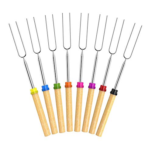 HAO MALL - Palos de Asar para Asar malvaviscos, 32 Pulgadas, Tenedores Extensibles para Barbacoa, Tenedor de Acero Inoxidable en Forma de U para Perros Calientes con Mango de Madera