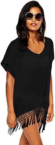 Yiyada Women Sexy Short Kimono Sleeve Crochet Fringe Beach Kaftan Swimwear Cover-up Pareos dresses Sarong (black)