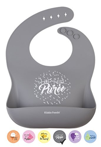 KIDDO FEEDO Silikon-Babylätzchen - 6 einzigartige Designs - wasserdichte Tasche faltbar mit weichem, einstellbarem Halsband - Grau
