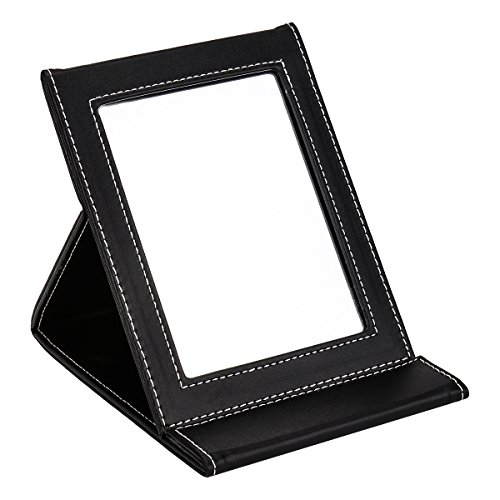 Portátil plegable espejo de tocador, pequeño de pie espejo de maquillaje espejo de sobremesa para preparar hasta, negro con acolchado de piel sintética para
