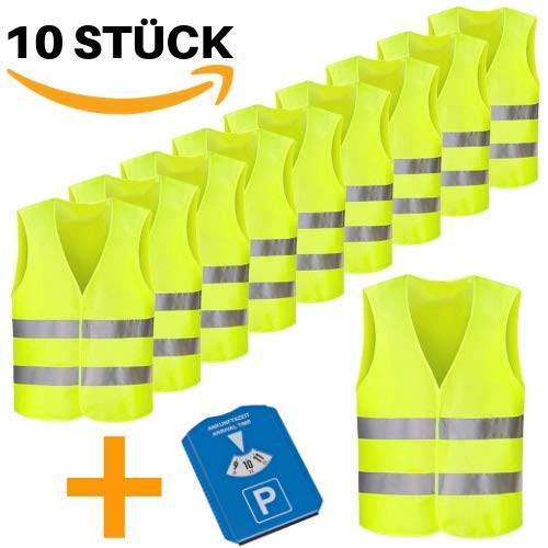 Preisvergleich Produktbild 10 Stück Premium Warnweste Neon Gelb +Parkscheibe mit Einkaufchip,Reifenprofilmesser,Eiskra... Reflektierende Pannenweste Sicherheitsweste für Auto Fahrrad nach KFZ Norm knitterfrei waschbar Unisize