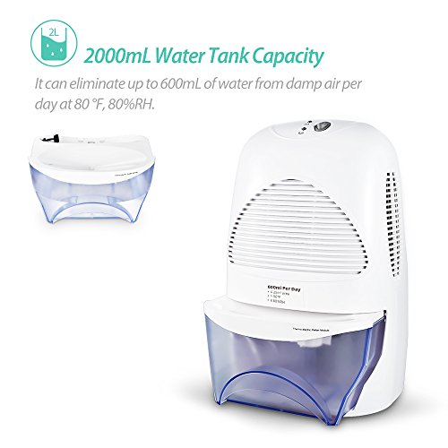 Mpow Luftentfeuchter mit 2000mL Wassertank Großvolumige Luftentfeuchter Air Dryer Luftreinigungsfunktion Feuchtigkeitsentzugfähigkeit (600ml pro Tag) für Zimmer, Schrank, Büro, Keller, Wandschrank, Badezimmer. - 2