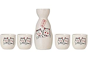 TJ Global Set da 5 pezzi per sake giapponese in ceramica resistente con 1 caraffa/decanter/bottiglia tokkuri e 4 tazze Ochoko per sake caldo o freddo a casa o in ristorante - simpatico gatto design