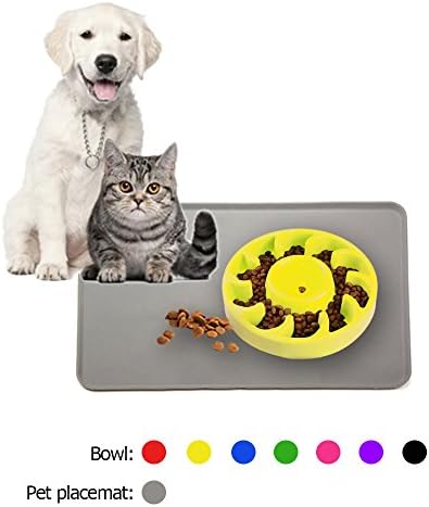 Dog Bowls Set Dog Feeding Bowl with Gray Rectangular Dog Feeding Mat Total 2 pcs - Bowl Cylindrical Wave Yellow