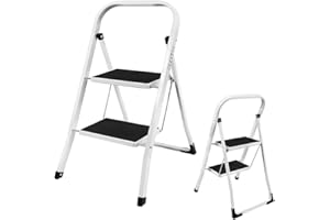 QIMU 2 Step Ladder, Portable Folding Heavy Duty Ladder, Steel Step Ladder Stool, Non-Slip Steps, 150kg Capacity,Easy to Store,Ideal for Home/Kitchen/Garage/Office/Market/Garden