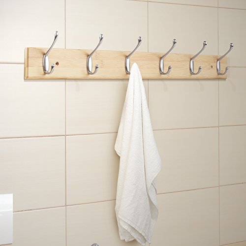 HOMFA Hakenleiste Garderobeleiste Bambus Wandgarderobe mit 6 Doppehaken Kleiderhaken Mehrzweckhaken Handtuchhalter aus Bambus Wandhandtuchhalter Badregal - 6
