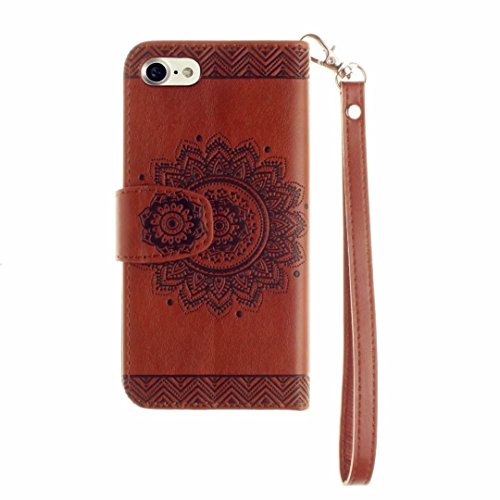 iPhone 7 Hülle, iPhone 7 Schutzhülle, MUTOUREN für iPhone 7 4.7 Zoll Handyhülle Brieftasche Gürtelhändytasche Bookstyle Wallet Flip Case Lederhülle mit Standfunktion Kartenfach Magnetic lock Ultra dünn Wallet Case Geprägtes Muster Henna Indische Sonne Mandala Rraun + Stylus Pen - 4