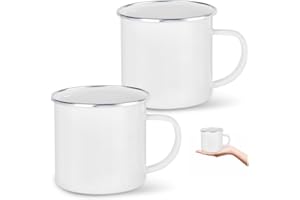 YZROHYI 2 Tazze Acciaio Inox Smaltata 350 ML, Bicchieri Campeggio Metallo, Coffee Mug per Fornello Riutilizzabile, Trekking Tazza Smaltata Montagna - Bianco