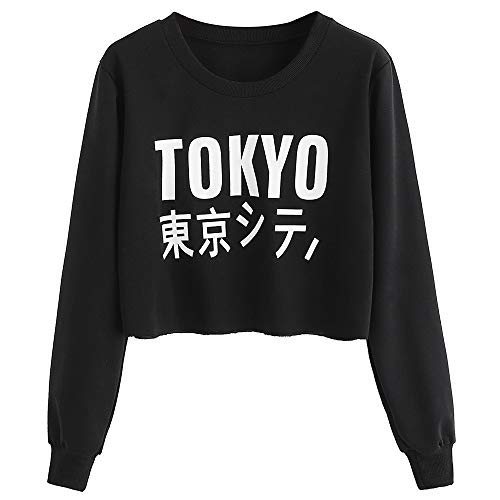 NINGSANJIN Sweat-Shirt Pull Lettre, Mode Femmes Manches Longues Lettre Impression -Tokyo Tops Blouse Pull Chemises Blouses Hauts T-Shirts Nior