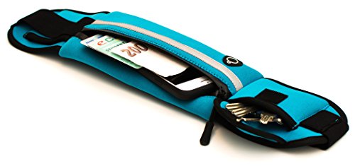 Laufgürtel Esportista (wasserabweisend & verstellbar) für Handy, Smartphone (6 Zoll), Schlüssel, Geld – Hüfttasche mit Reißverschluss, Kopfhörerausgang und Flaschenhalter (Trinkgurt) – Farbe blau - 7