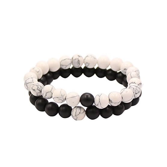 UEUC Par Distancia Pulseras para lovers-2pcs Negro Mate Blanco y ágata Howlita Bolas de 8 mm