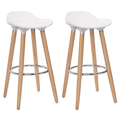 Songmics Lot de 2 Tabourets de bar Pieds en bois de hêtre Hauteur de l’assise 73 cm Assise en plastique ABS blanc LJB20W