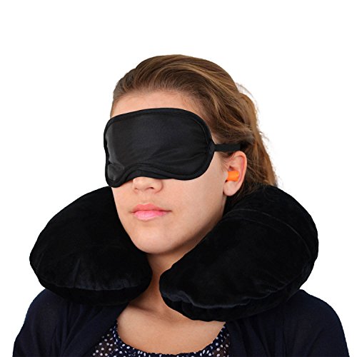 3 in 1 Reiseset, weiches aufblasbares Nackenkissen, perfekt für Unterwegs im Flugzeug, Auto oder Bahn, praktisch und kompakt inklusive Schlafmaske, Ohrstöpsel und Aufbewahrungstasche - 3
