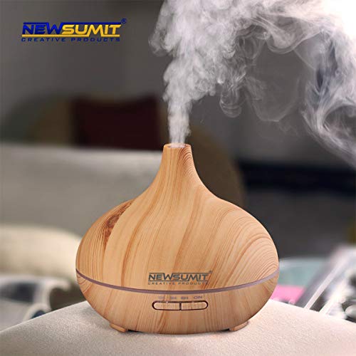 NEWSUMIT Humidificador Aromaterapia Ultrasónico 300ml - Difusor de Aceites Esenciales - 4 Ajustes de Tiempo - Auto Apaga Seguro. (Madera Marro Claro)