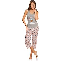 oodji Ultra Mujer Pijama con Pantalones y Estampado "Gato", Gris, ES 38 / S