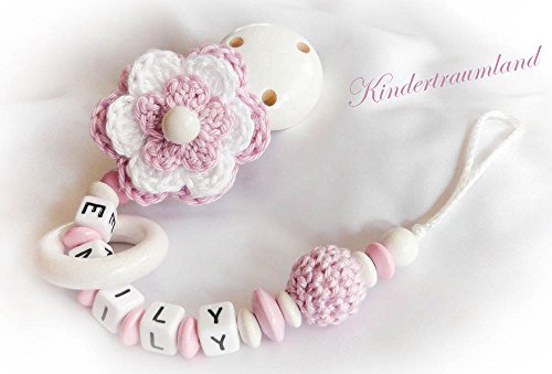 Schnullerkette mit Namen - Geschenk zur Taufe, Geburt, ... - Mädchen - Häkelblume - Wunschname