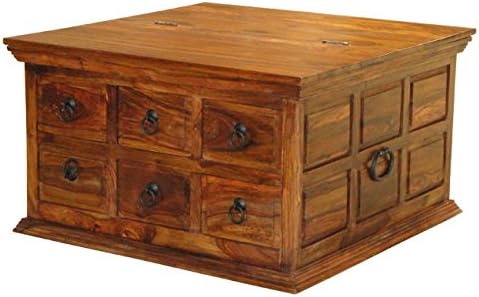 SOLID SHEESHAM WOOD 6 DRAWER SQUARE COFFEE TABLE TRUNK