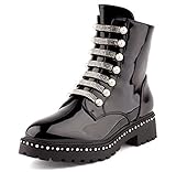  Fusskleidung Damen Stiefeletten Schlupf Stiefel Biker Boots Worker Combat Strass Schuhe Schwarz EU 39