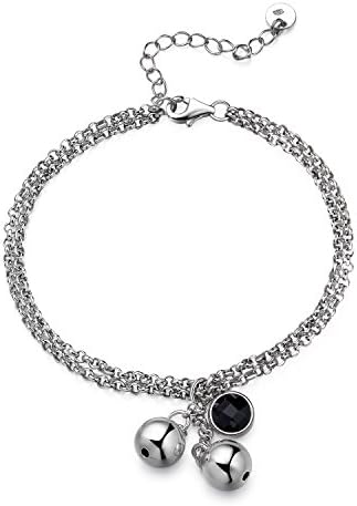 LR Accessory 925 Sterling Silver Balls and Onyx Double Chain Bracelet (6.5") Women Jewellery