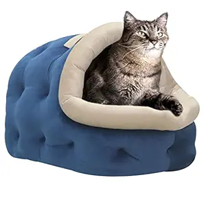 Hiputee Luxurious Soft Velvet Cat Pet Hut - Comfortable, Smooth, Kittens and Toy Breed Puppies Cave Shape House (Small, Blue-Cream)