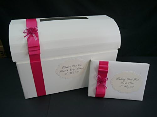 PERSONALISED WEDDING, ANNIVERSARY, BIRTHDAY, CHEST, POST BOX AND MATCHING GUEST BOOK, SILVER, GOLD, FUSCHIA, BURGUNDY OR LILAC