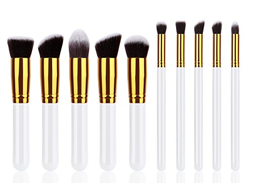 INMOZATA 10PCS Professional Premium Kabuki Makeup Brush Set Foundation Blending Blush Eyeshadow Face Powder Brush Makeup Brush Kit White Gold