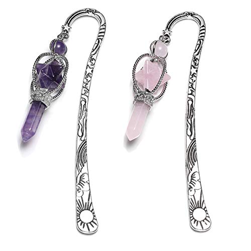 CrystalTears 2x Edelsteine Lesezeichen Amethyst Rosenquarz Bergkristall Quarz Merkaba Anhänger handgefertigt Metall Bookmark Buch Zubehör