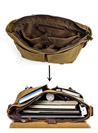 Y-DOUBLE Wasserdicht Vintage Canvas Leder Messenger Bag Umh  ngetasche Aktentasche Schultertasche 14 Zoll Laptoptasche Notebooktasche aus Canvas und L