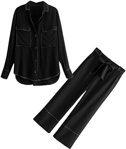Meigui Pajamas Loose Color Line Shirt Stitch High Waisted Trousers Two Piece Female,L,Shirt