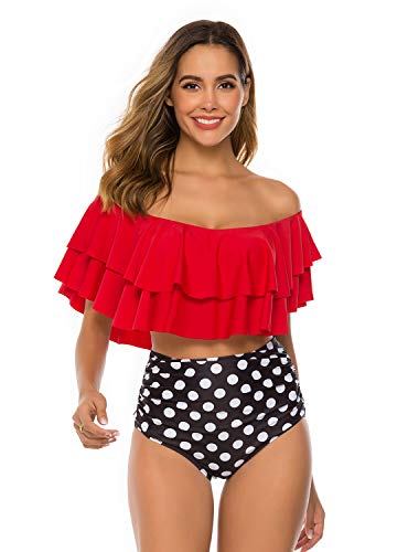 TRENDOUX Badeanzug für Damen, Retro-Bikini, mit hoher Taille, wasserdichte Handyhülle - - Small