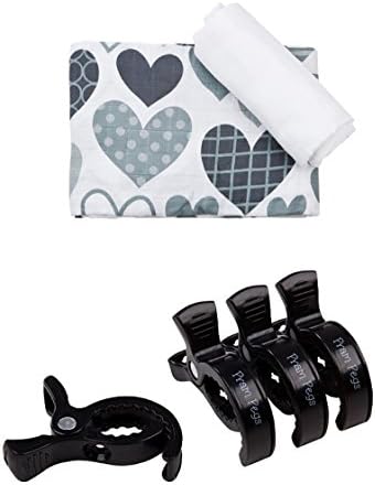 Little Rosa XL Premium Muslin Swaddles x 2 - White &amp; Hearts with Pram Pegs Black x 4. Attach to Pram/Buggy Quickly Securely