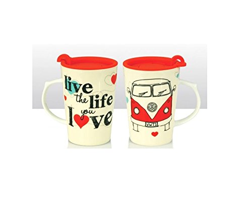 VW Bulli Campervan Kaffeebecher aus Keramik mit Deckel Cremeweiß/Rot