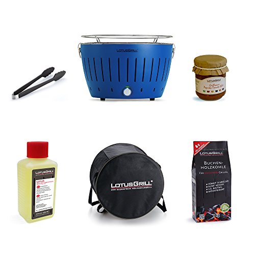 LotusGrill Starter-Set 1x LotusGrill Blau 1x Buchenholzkohle 1kg, 1x Brennpaste 200ml, 1x LotusGrill Grillzange blau, 1 x Grillsauce Spezial LotusGrill,1x Transport-Tragetasche - Der rauchfreie Holzkohlegrill / Tischgrill Ausschließlich neueste Technik! (Blau)
