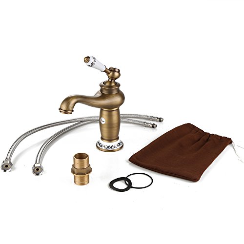 Fuloon Vintage Estilo Individual de control Rústico Baño Grifo Antiguo acabado baño grifo del fregadero con la porcelana buena calidad (Cobre)