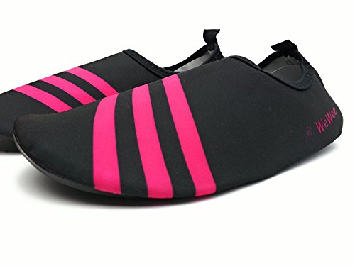 WeWee Sehr bequeme Damen Barfußschuhe aus elastischen Neopren, schwarz mit drei pinken Streifen, geeignet für ganz viele Indoor Aktivitäten: im Fitnessstudio,für Crossfit, Zumba, Tanzen, Yoga und als Wasserschuhe aber auch zu Hause als Hausschuhe - 7