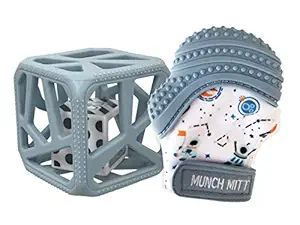Malarkey Kids Munch Mitt and Chew Cube 2-Pack | Baby Teething Mitten Protects Hands from Chewing & Saliva, Heals Aching Gums, Promotes Sound & Visual Stimulation (Steel Blue and Outer Space)