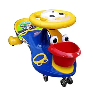 Sunbaby Funtime Twister Magic Swing Smart Car Ride ons for Kids/ Child, 3-8 Years Boys Girls, Fun Ride Toy, Cartoon Face,Music & Light,Free Wheels,Push car Gadi, Strong Body with Large Rear Seat. (Blue/Yellow with Red Basket)