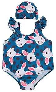 Yellow Bee Girls Bunny Printed Swim Suit with Cap